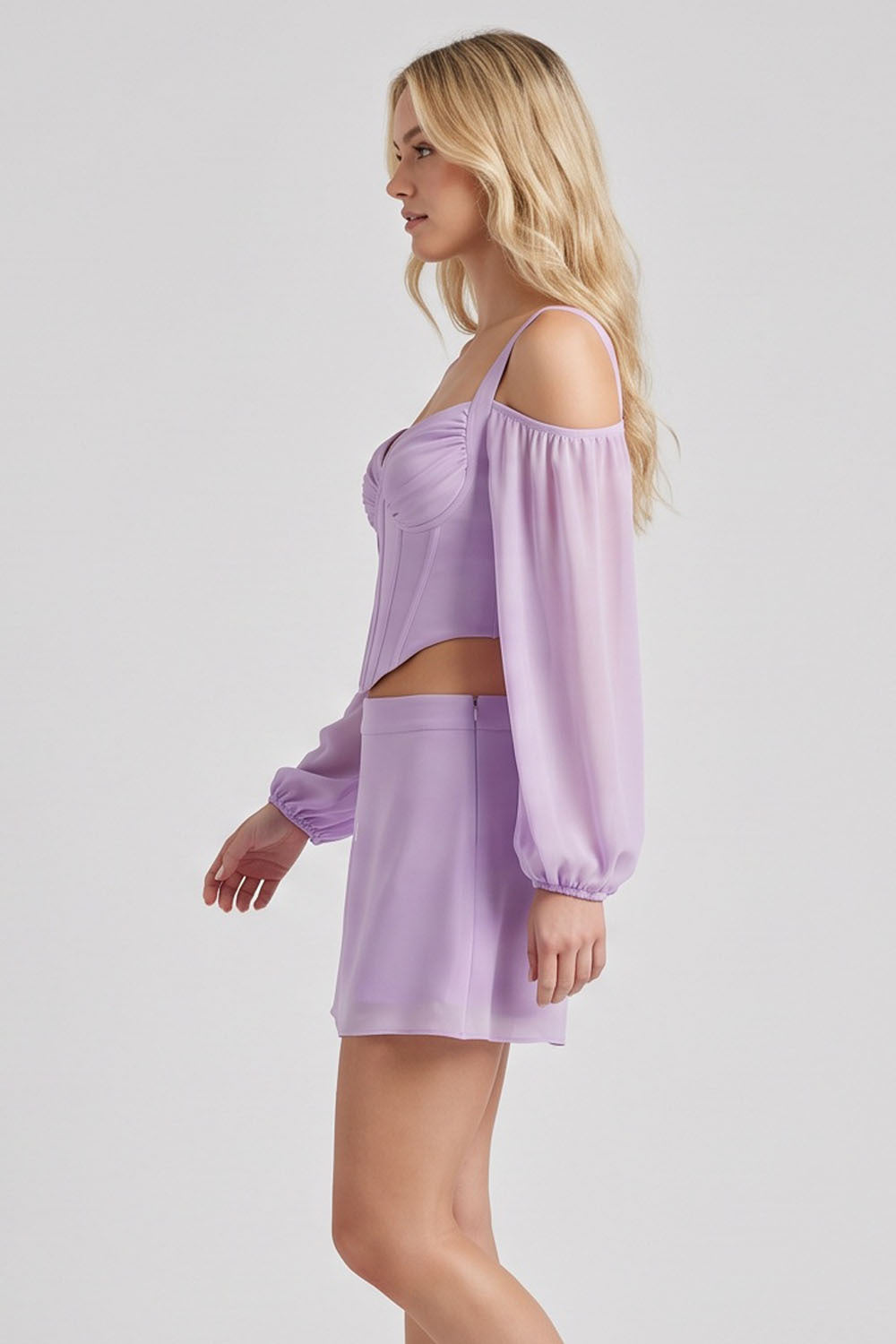 MAEVE Corset Top &amp; Mini Skirt Co-ord Set in Lilac on model – side view