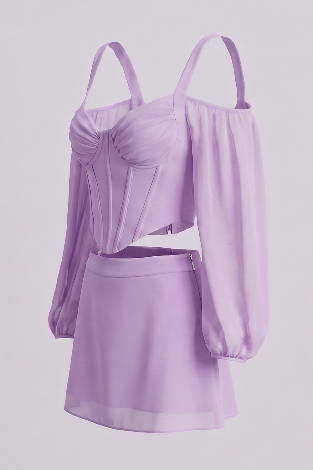 MAEVE Corset Top &amp; Mini Skirt Co-ord Set in Lilac by Luxe Noir – side view