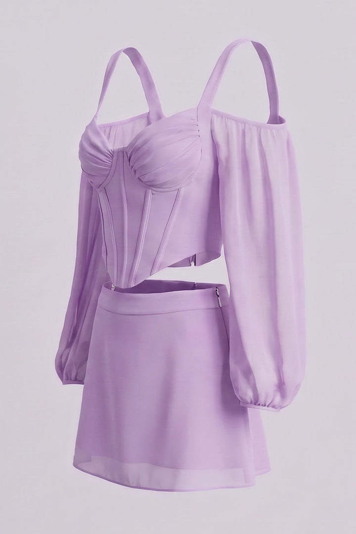 MAEVE Corset Top &amp; Mini Skirt Co-ord Set in Lilac by Luxe Noir – side view