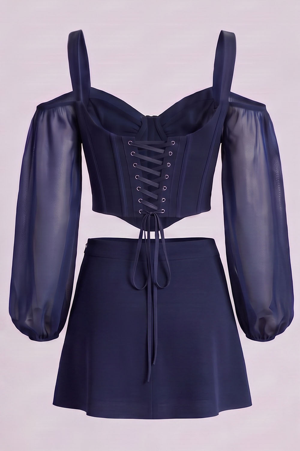 MAEVE Corset Top &amp; Mini Skirt Co-ord Set in Navy by Luxe Noir – back view