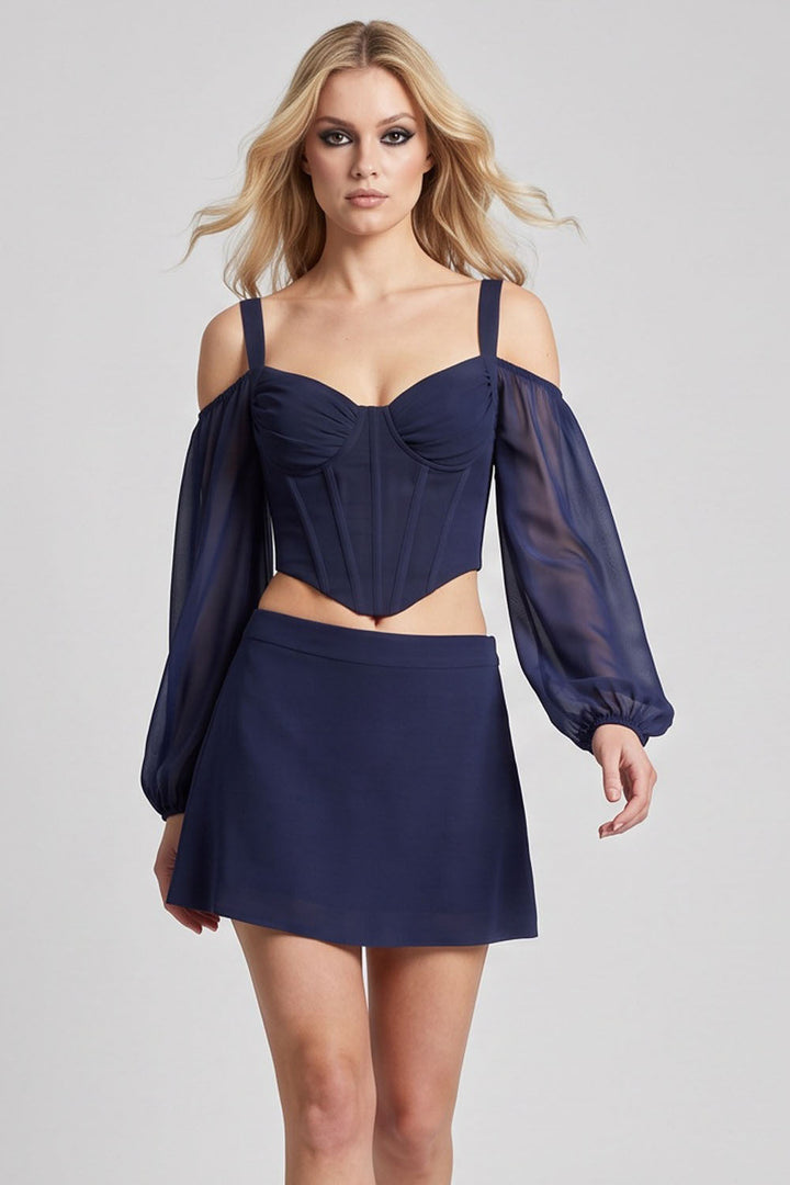 MAEVE Corset Top &amp; Mini Skirt Co-ord Set in Navy on model – front view