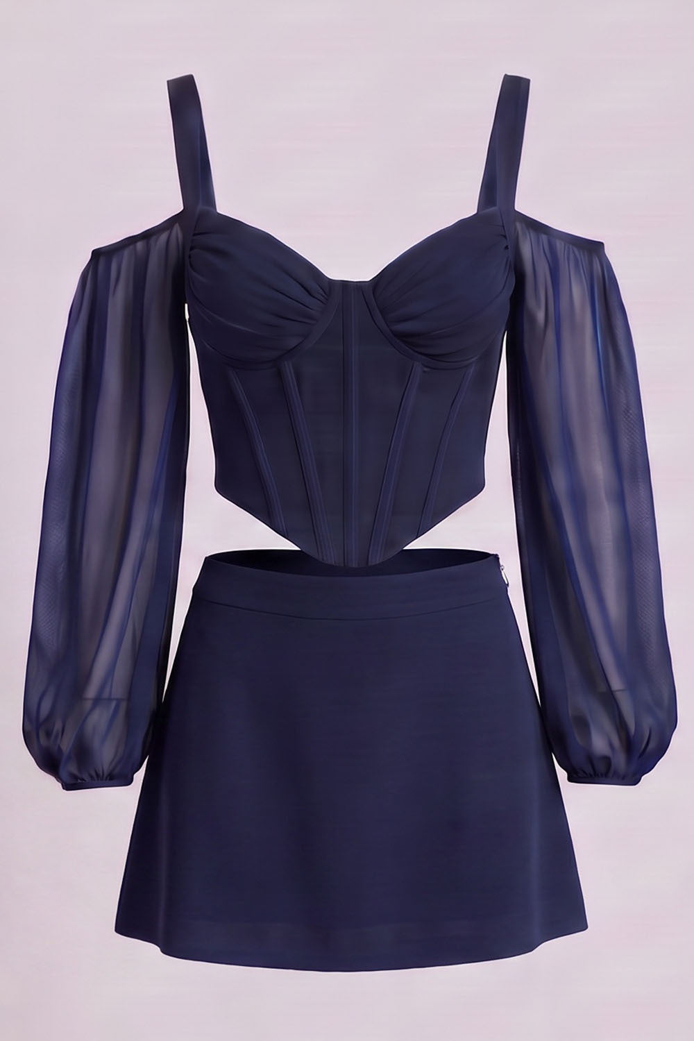 MAEVE Corset Top &amp; Mini Skirt Co-ord Set in Navy by Luxe Noir – front view