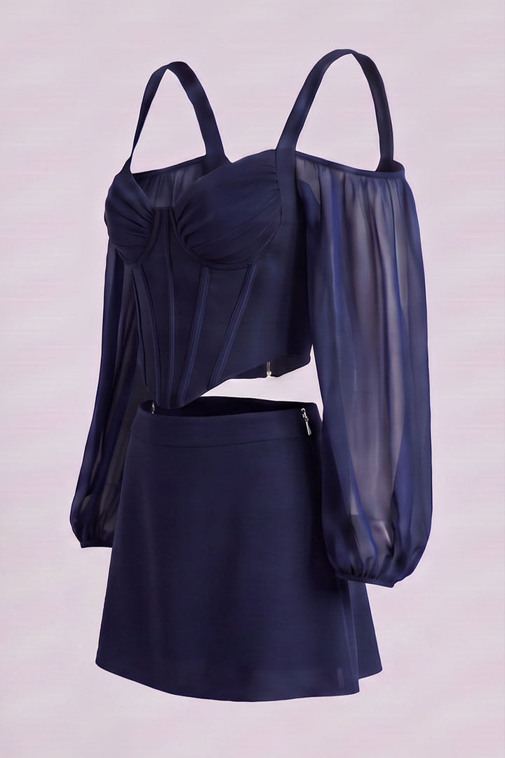 MAEVE Corset Top &amp; Mini Skirt Co-ord Set in Navy by Luxe Noir – side view