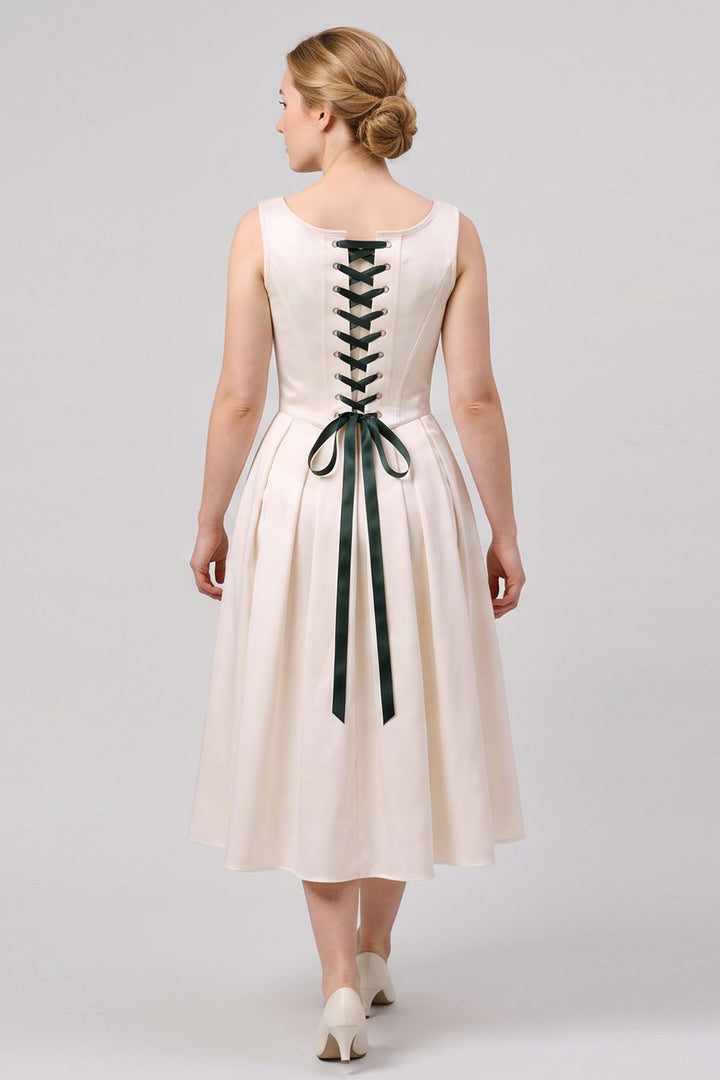 MARLY Rococo Corset Tea Dress in Ivory / Forest Green on model – back view