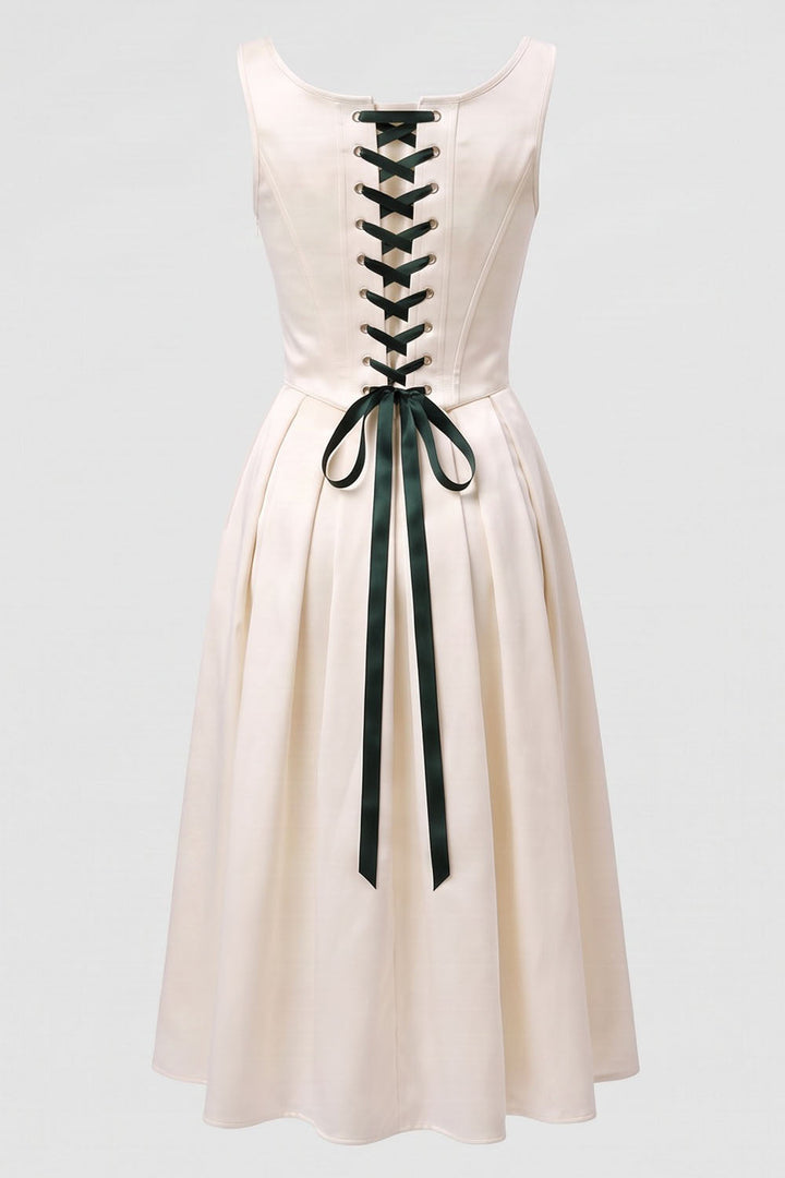 MARLY Rococo Corset Tea Dress in Ivory / Forest Green by Luxe Noir – back view