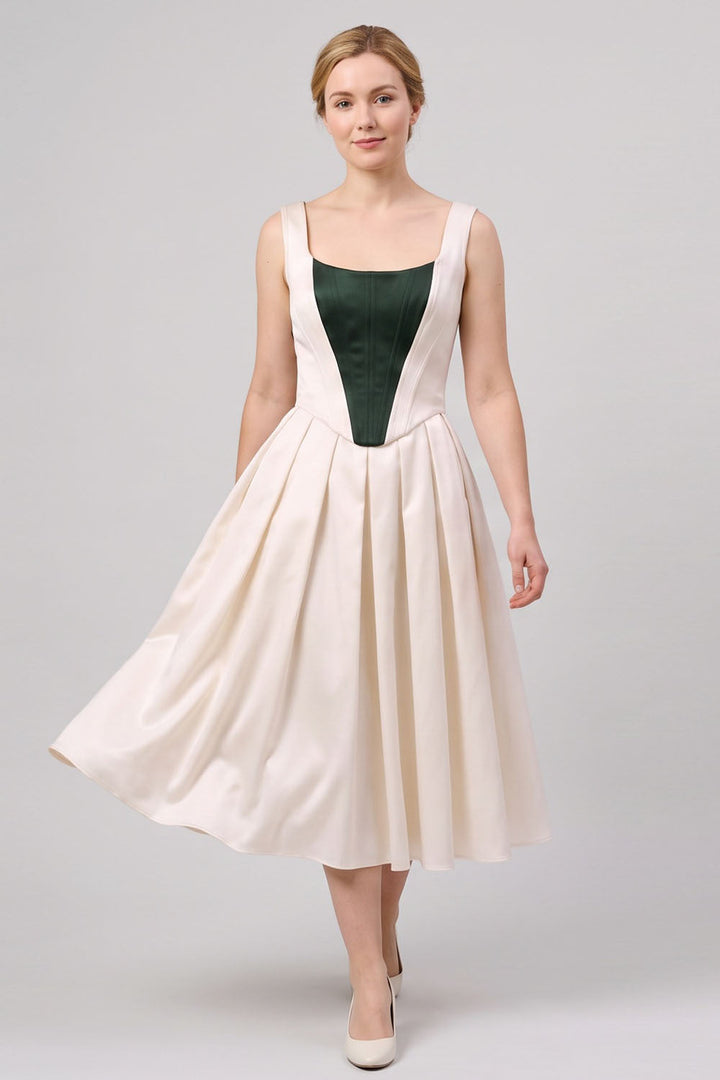 MARLY Rococo Corset Tea Dress in Ivory / Forest Green on model – front view