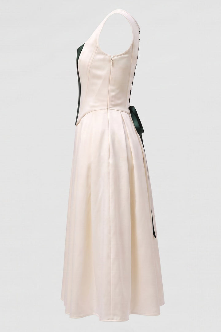 MARLY Rococo Corset Tea Dress in Ivory / Forest Green by Luxe Noir – side view