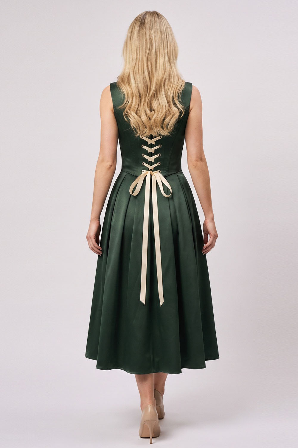 MARLY Rococo Corset Tea Dress in Forest Green / Butter Cream on model – back view