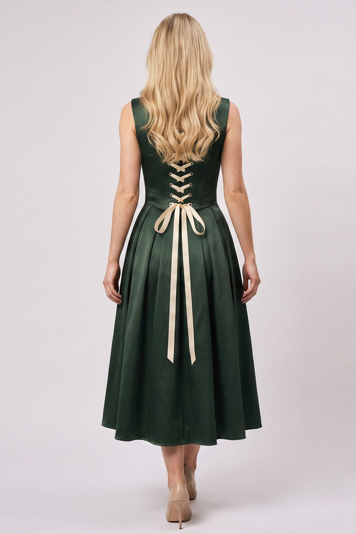 MARLY Rococo Corset Tea Dress in Forest Green / Butter Cream on model – back view