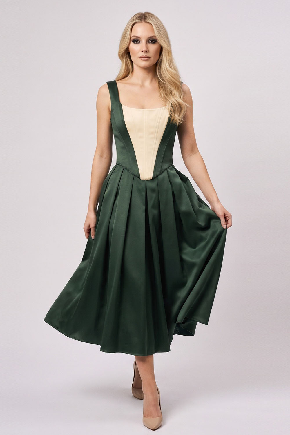 MARLY Rococo Corset Tea Dress in Forest Green / Butter Cream on model – front view