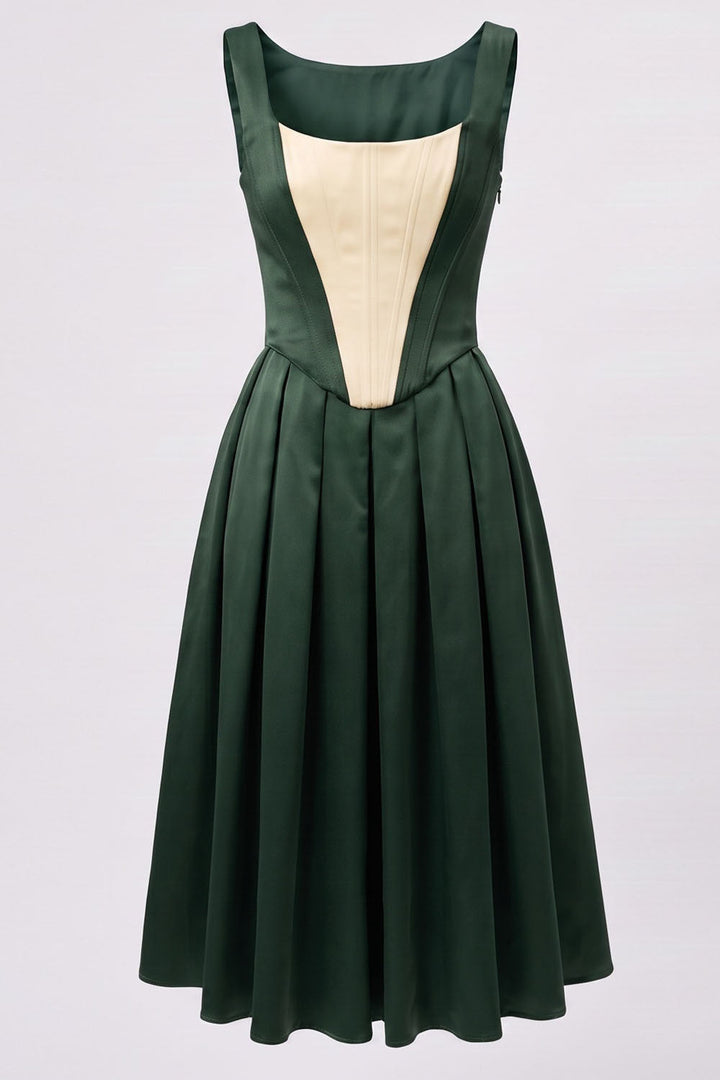 MARLY Rococo Corset Tea Dress in Forest Green / Butter Cream by Luxe Noir – front view
