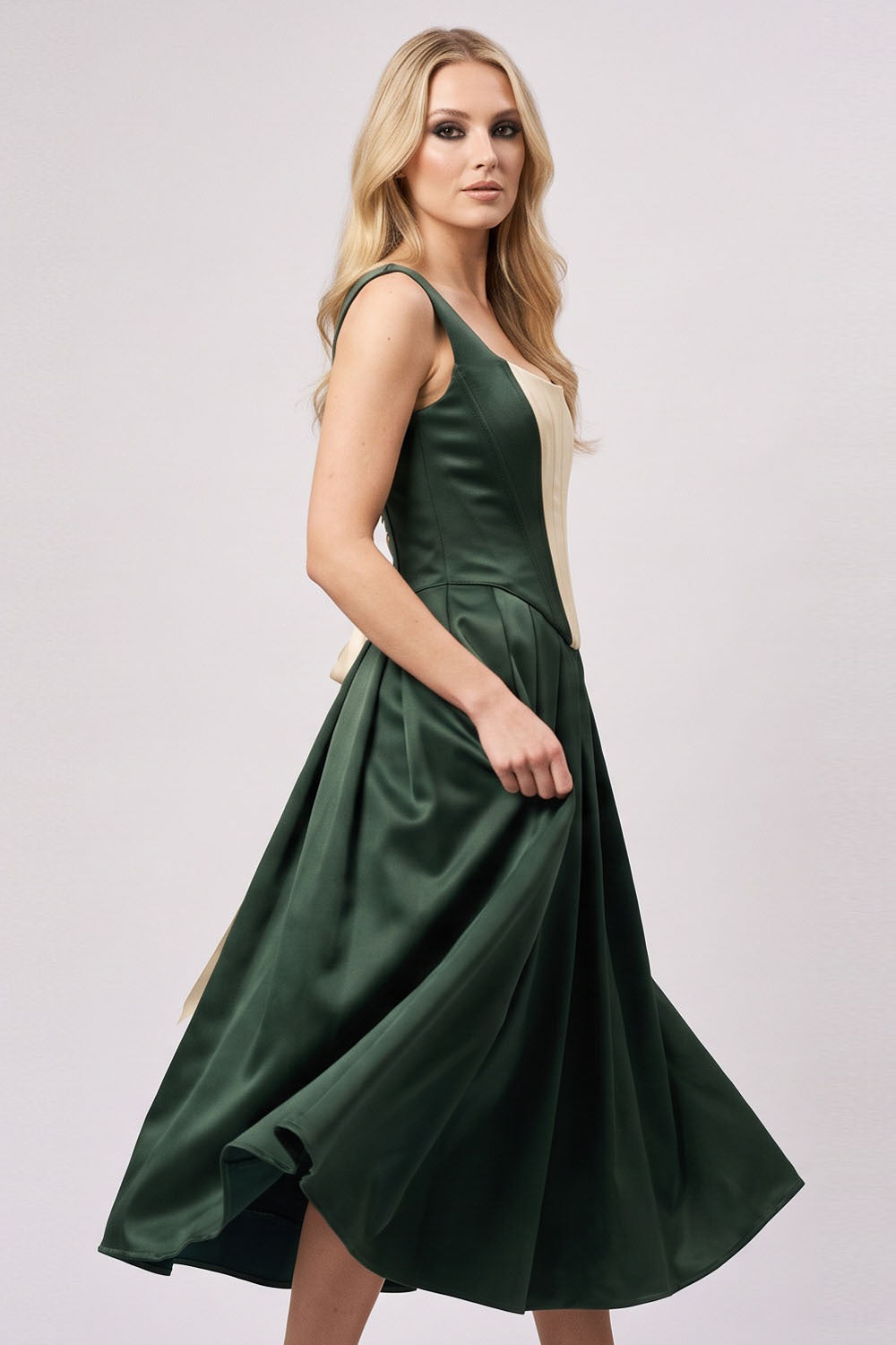 MARLY Rococo Corset Tea Dress in Forest Green / Butter Cream on model – side view