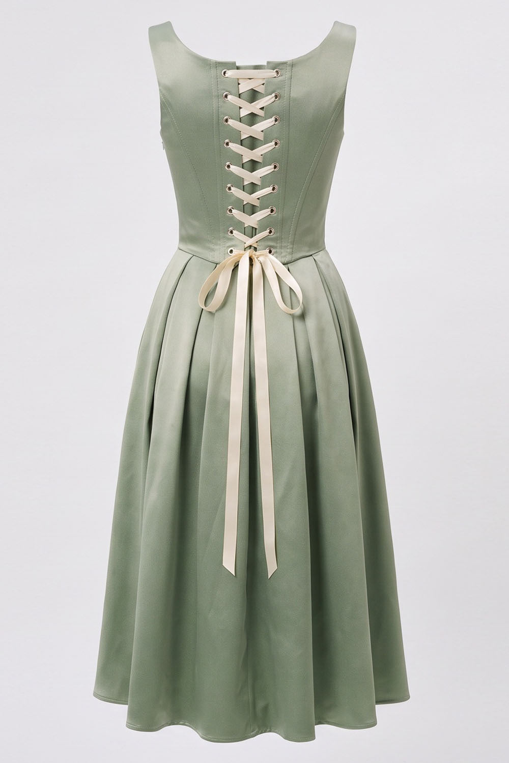 MARLY Rococo Corset Tea Dress in Pale Sage Mint / Cream by Luxe Noir – back view