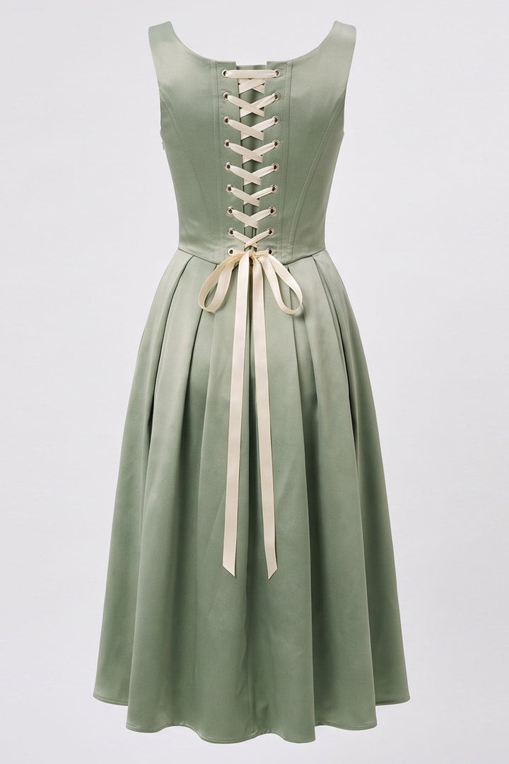 MARLY Rococo Corset Tea Dress in Pale Sage Mint / Cream by Luxe Noir – back view