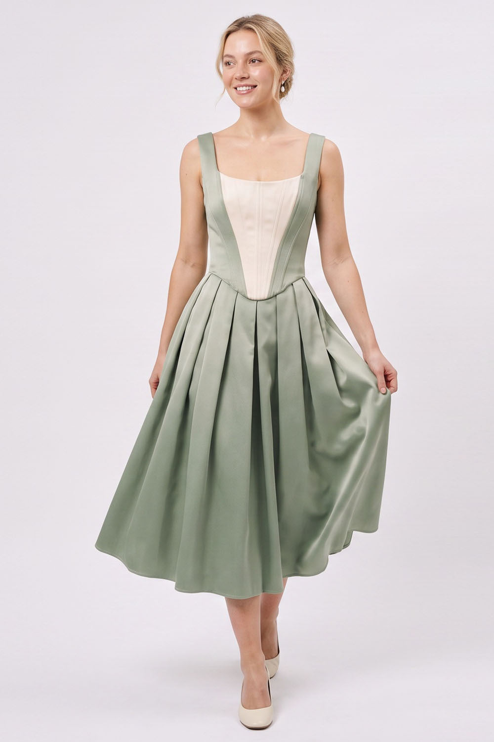 MARLY Rococo Corset Tea Dress in Pale Sage Mint / Cream on model – front view