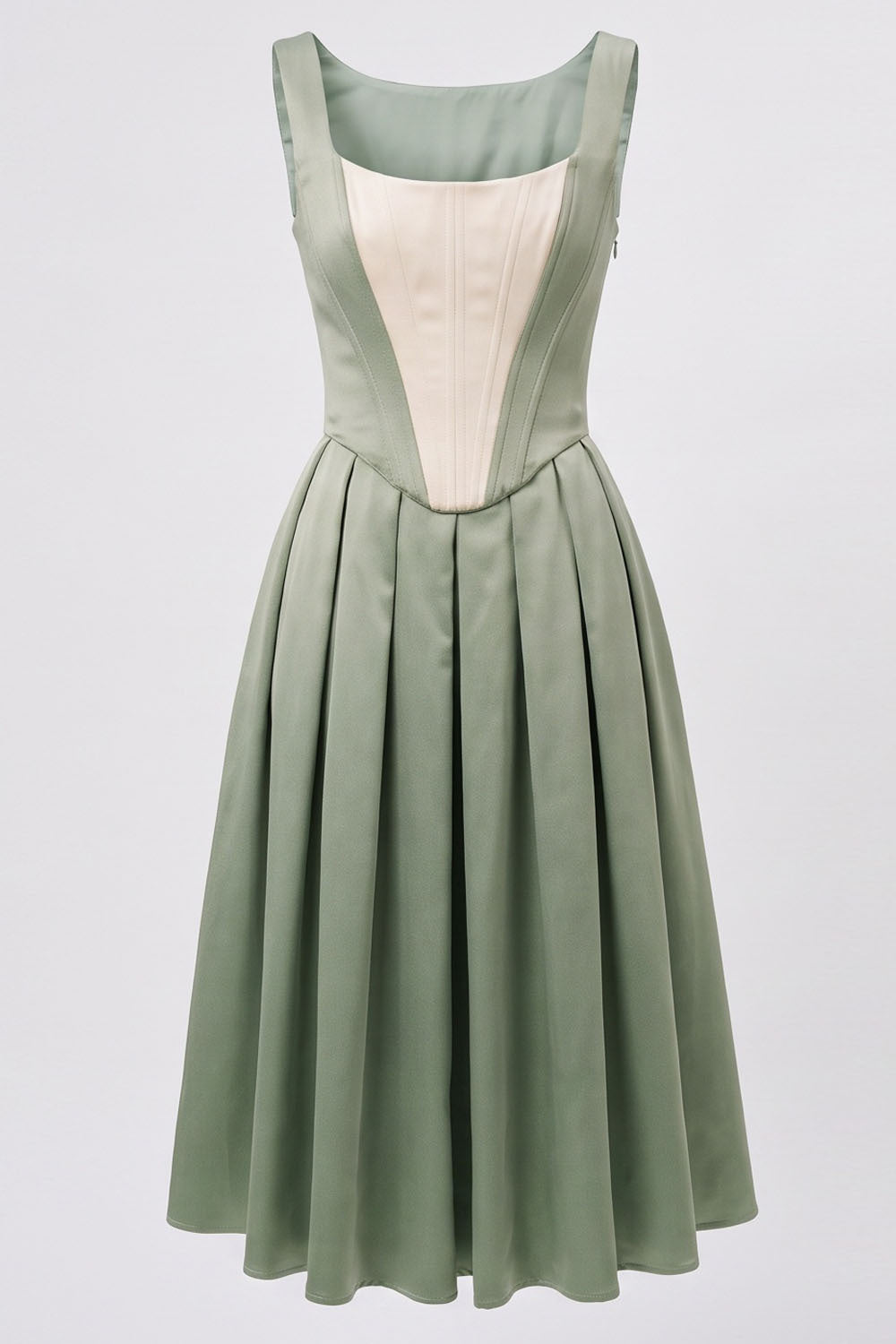 MARLY Rococo Corset Tea Dress in Pale Sage Mint / Cream by Luxe Noir – front view