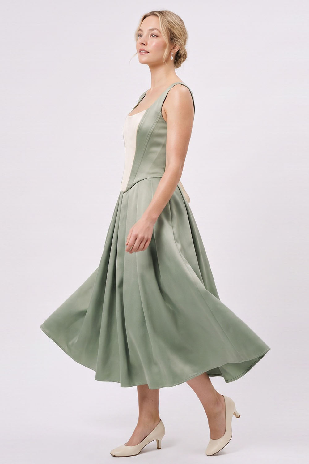 MARLY Rococo Corset Tea Dress in Pale Sage Mint / Cream on model – side view