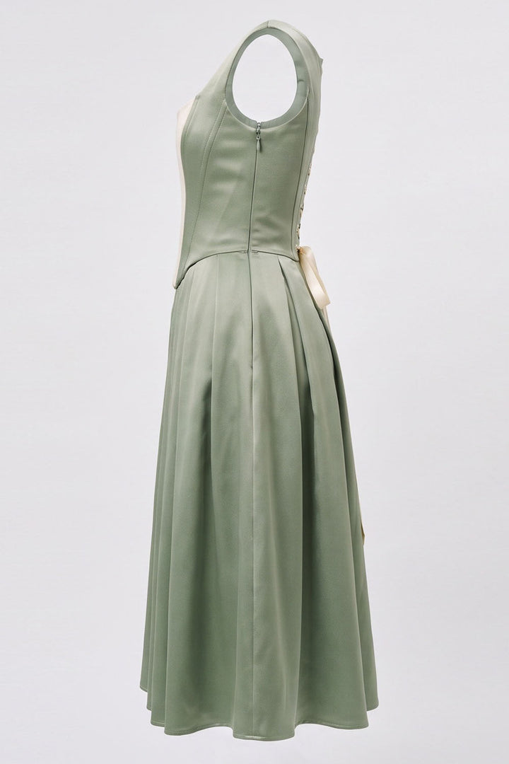 MARLY Rococo Corset Tea Dress in Pale Sage Mint / Cream by Luxe Noir – side view