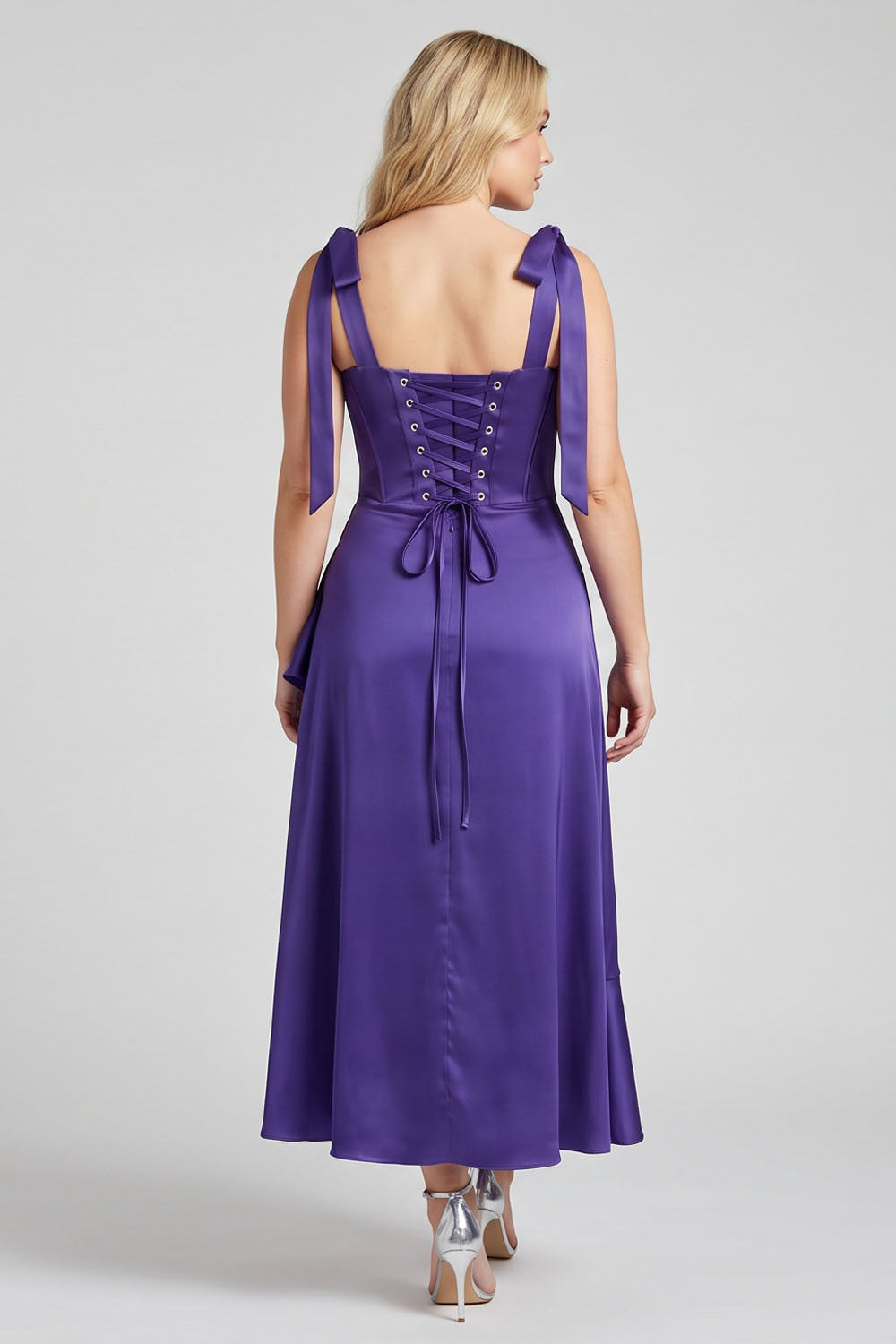 MIRCALLA Corset Midi Dress in Royal Purple on model – back view