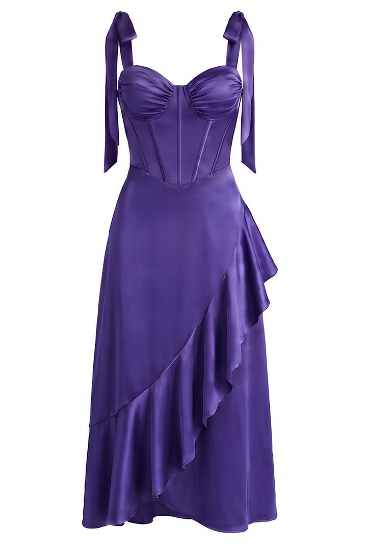 MIRCALLA Corset Midi Dress in Royal Purple by Luxe Noir – front view