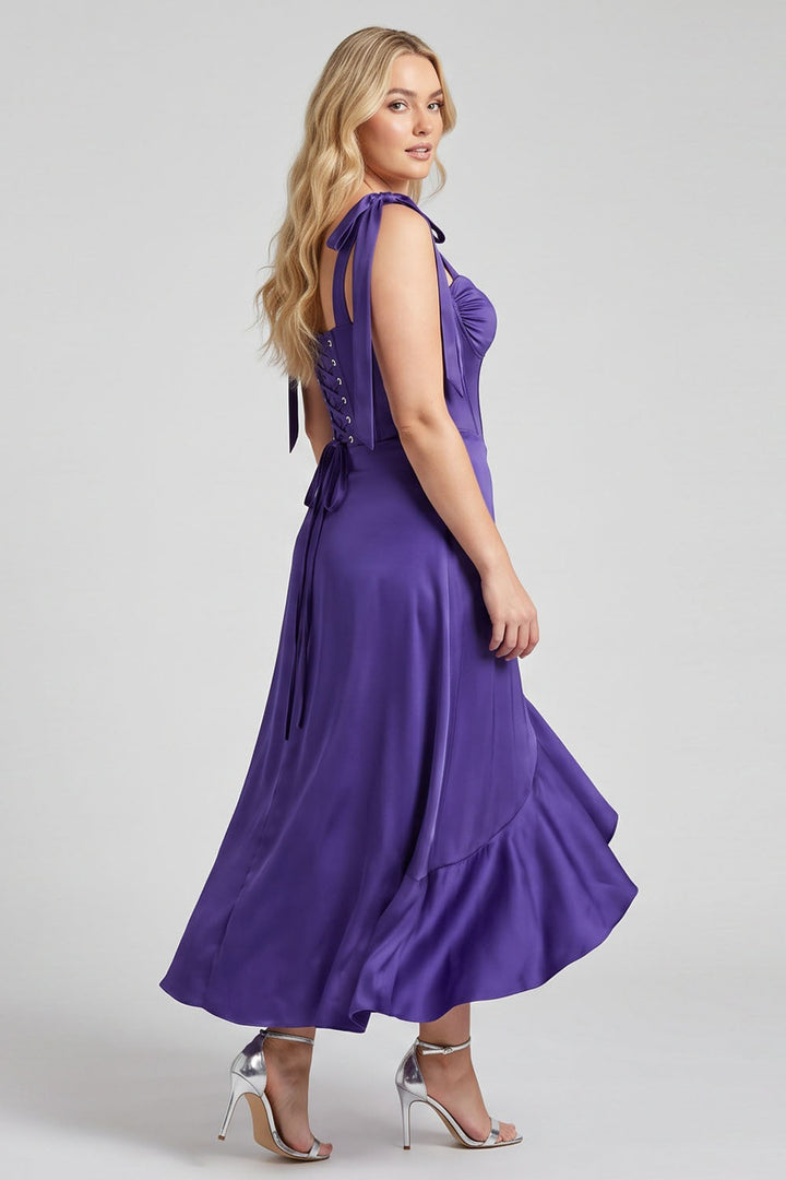 MIRCALLA Corset Midi Dress in Royal Purple on model – side view