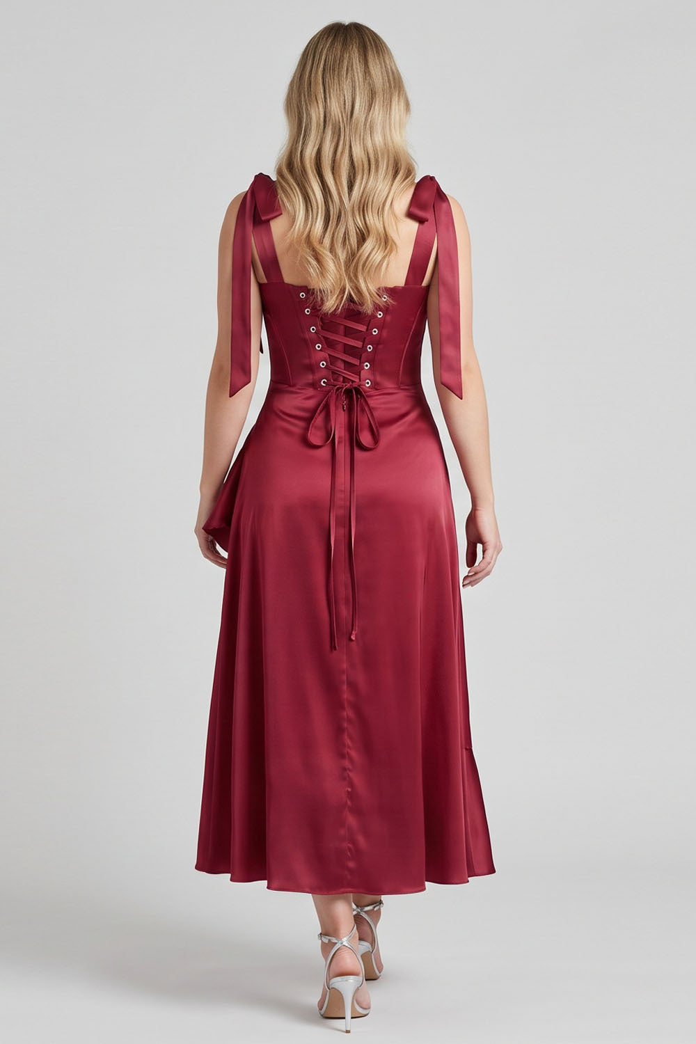 MIRCALLA Corset Midi Dress in Red on model – back view