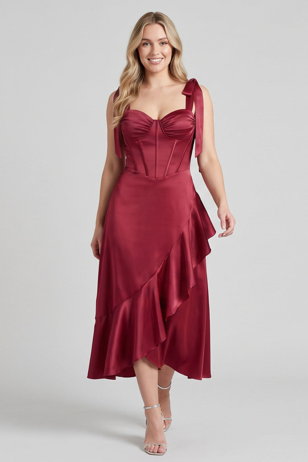 MIRCALLA Corset Midi Dress in Red on model – front view
