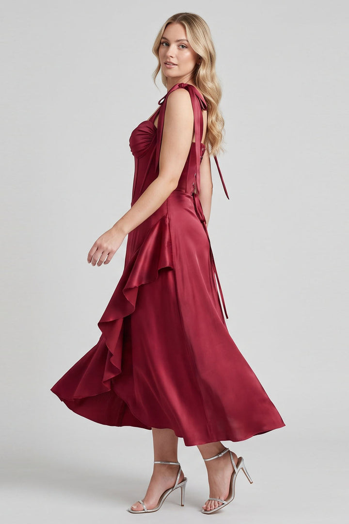 MIRCALLA Corset Midi Dress in Red on model – side view