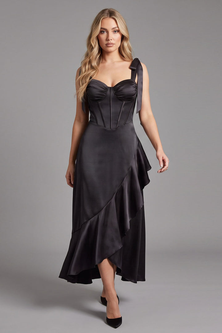 MIRCALLA Corset Midi Dress in Black on model – front view