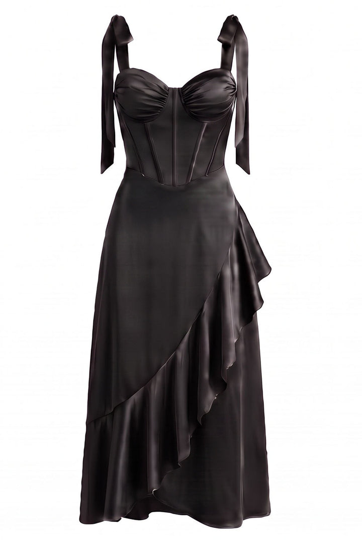 MIRCALLA Corset Midi Dress in Black by Luxe Noir – front view