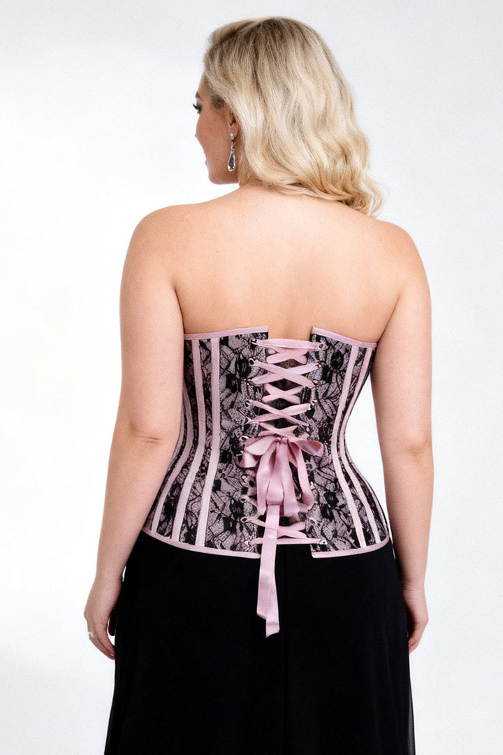 Pink Satin Black Lace Hiroko Overbust Corset