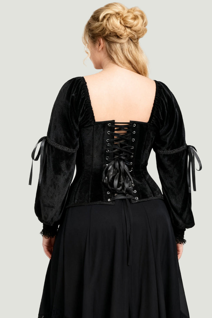 Midnight Black Velvet Talona Overbust Corset with Renaissance Sleeves