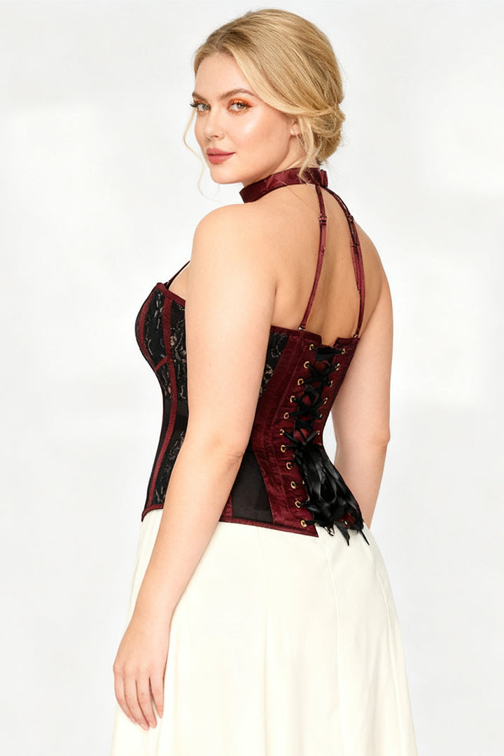 Burgundy Meade Overbust Corset with Halter Neck