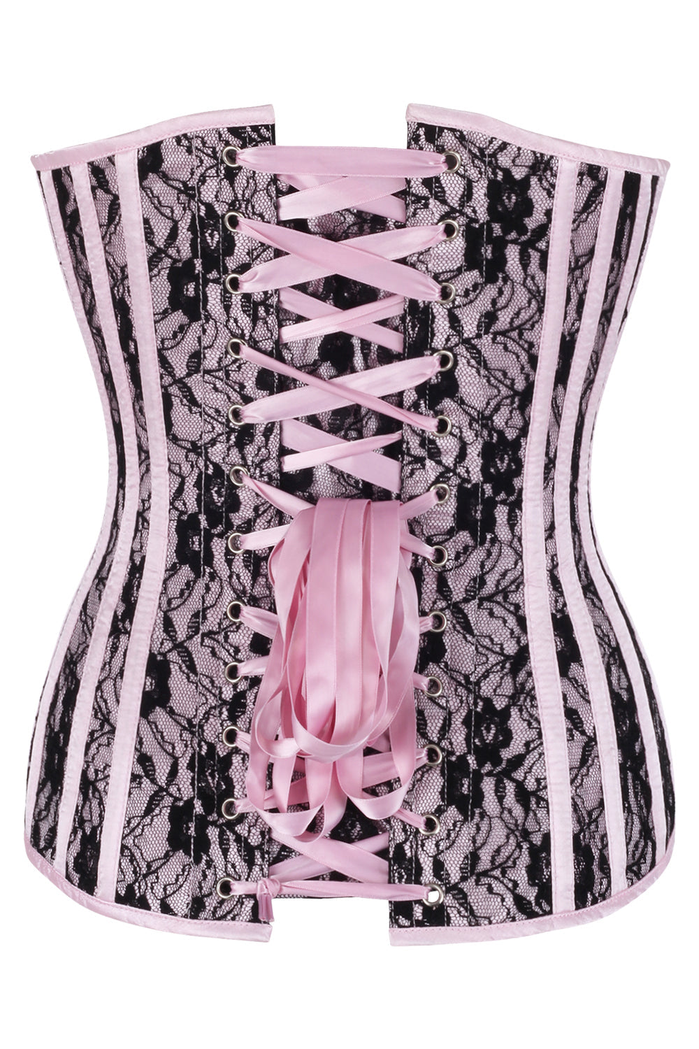 Pink Satin Black Lace Hiroko Overbust Corset