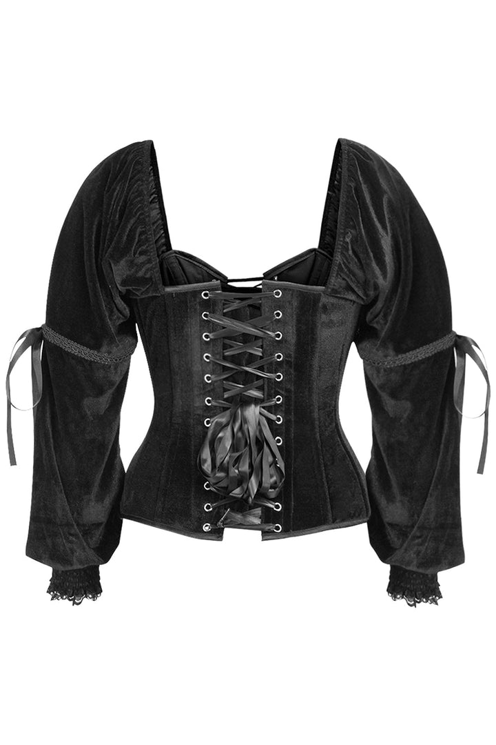 Midnight Black Velvet Talona Overbust Corset with Renaissance Sleeves