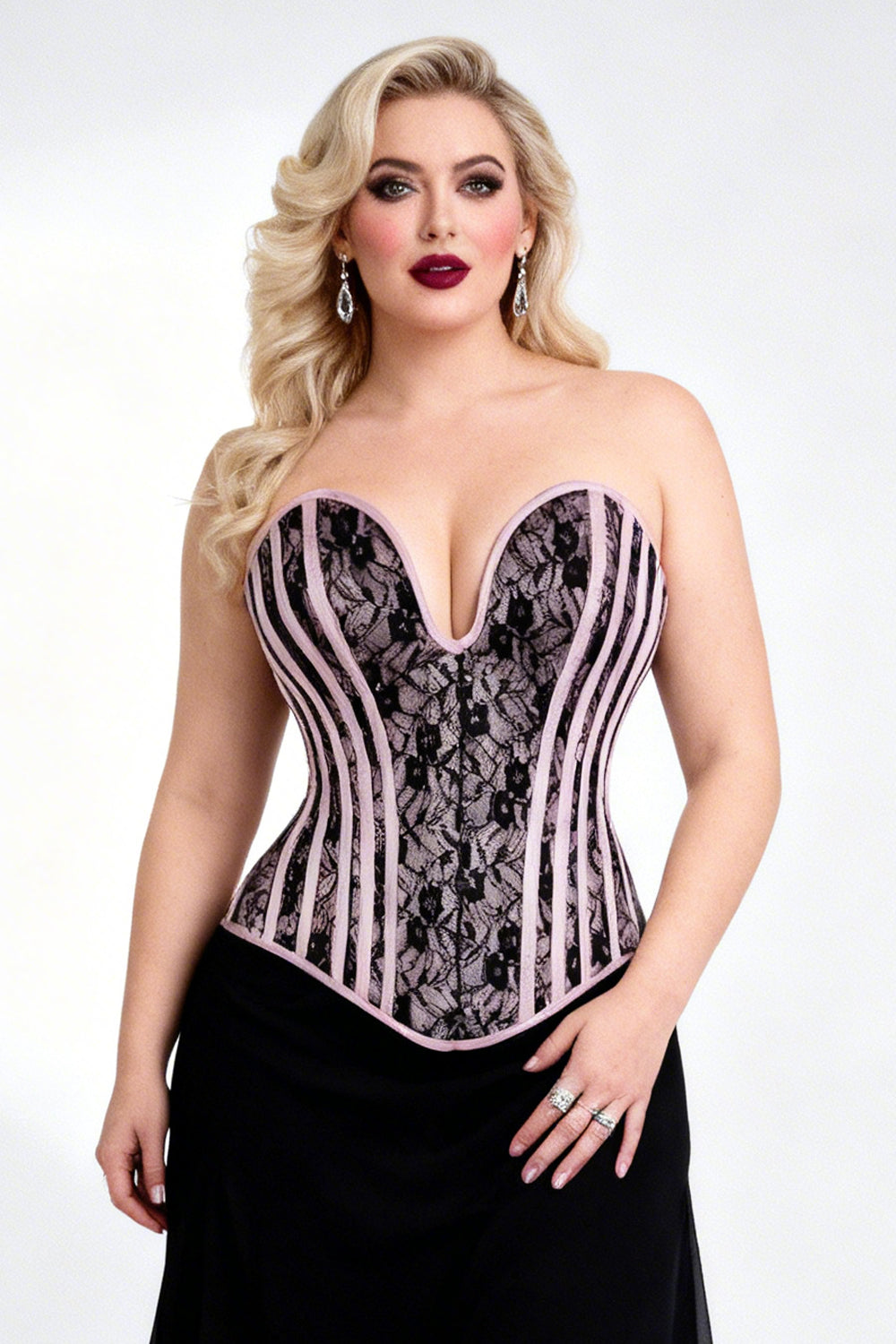 Pink Satin Black Lace Hiroko Overbust Corset