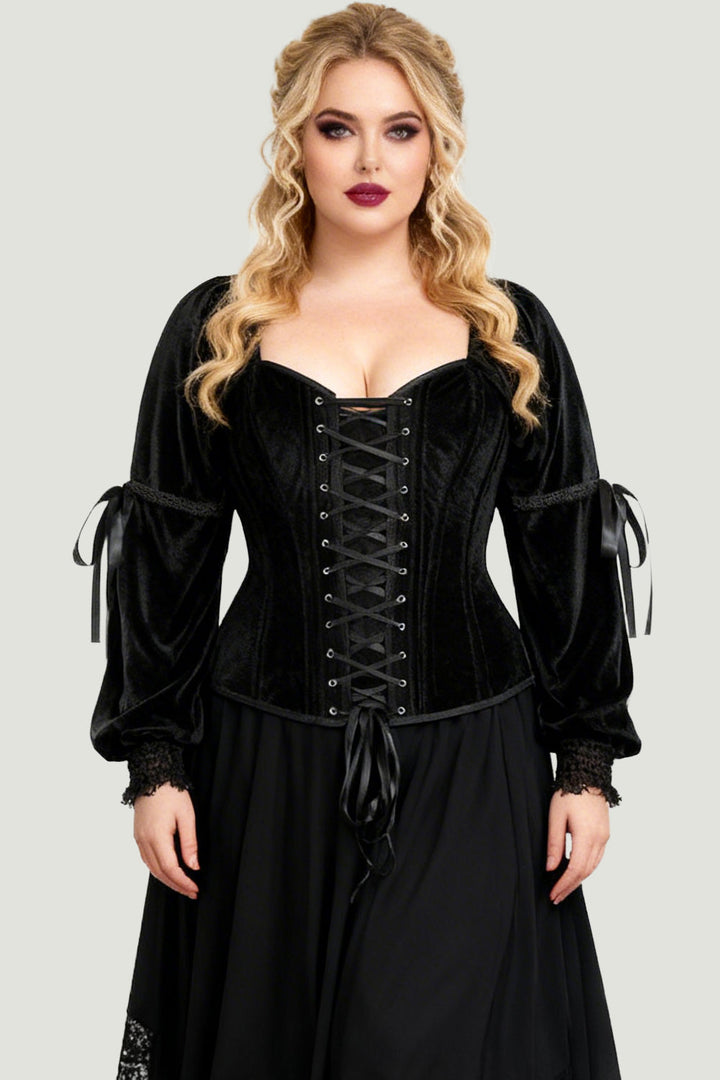 Midnight Black Velvet Talona Overbust Corset with Renaissance Sleeves
