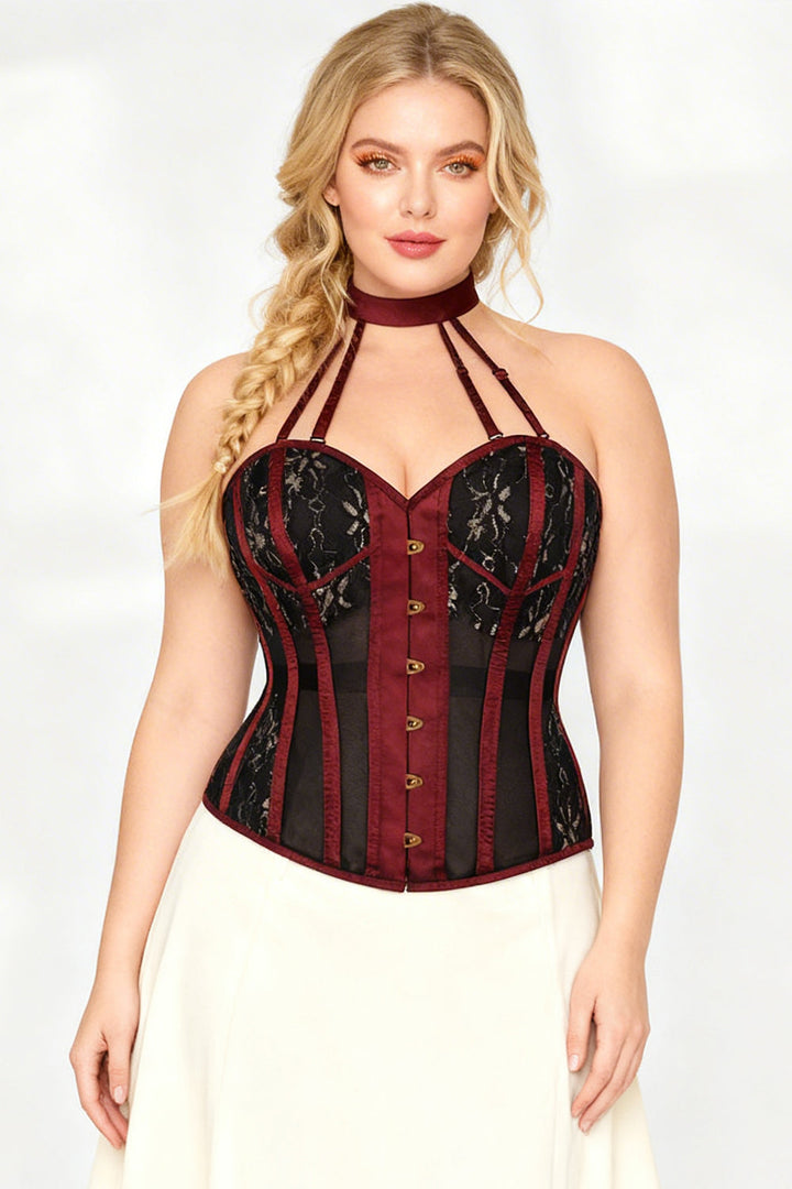 Burgundy Meade Overbust Corset with Halter Neck