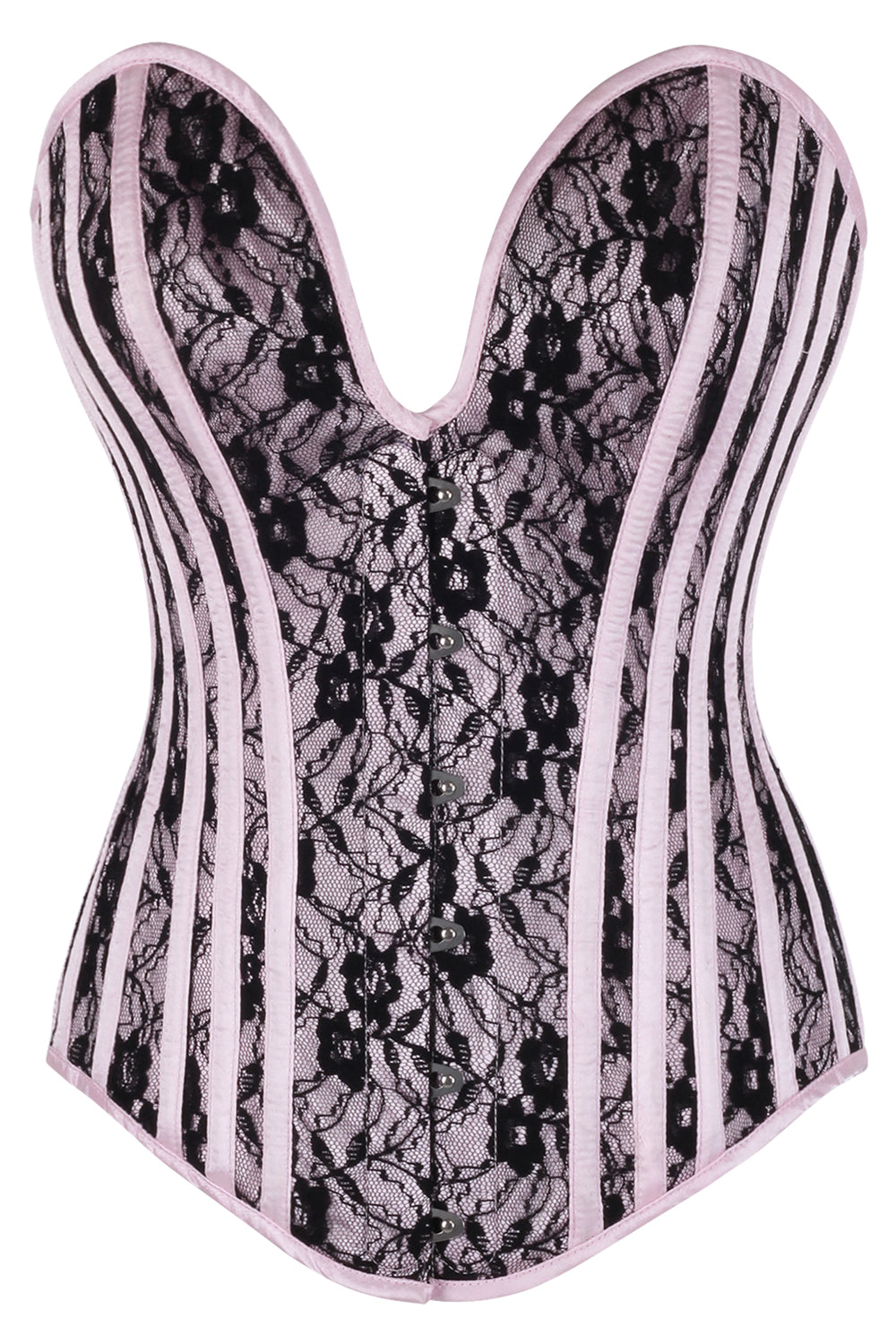 Pink Satin Black Lace Hiroko Overbust Corset