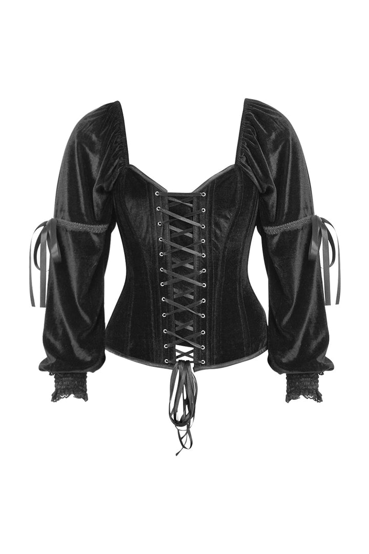 Midnight Black Velvet Talona Overbust Corset with Renaissance Sleeves