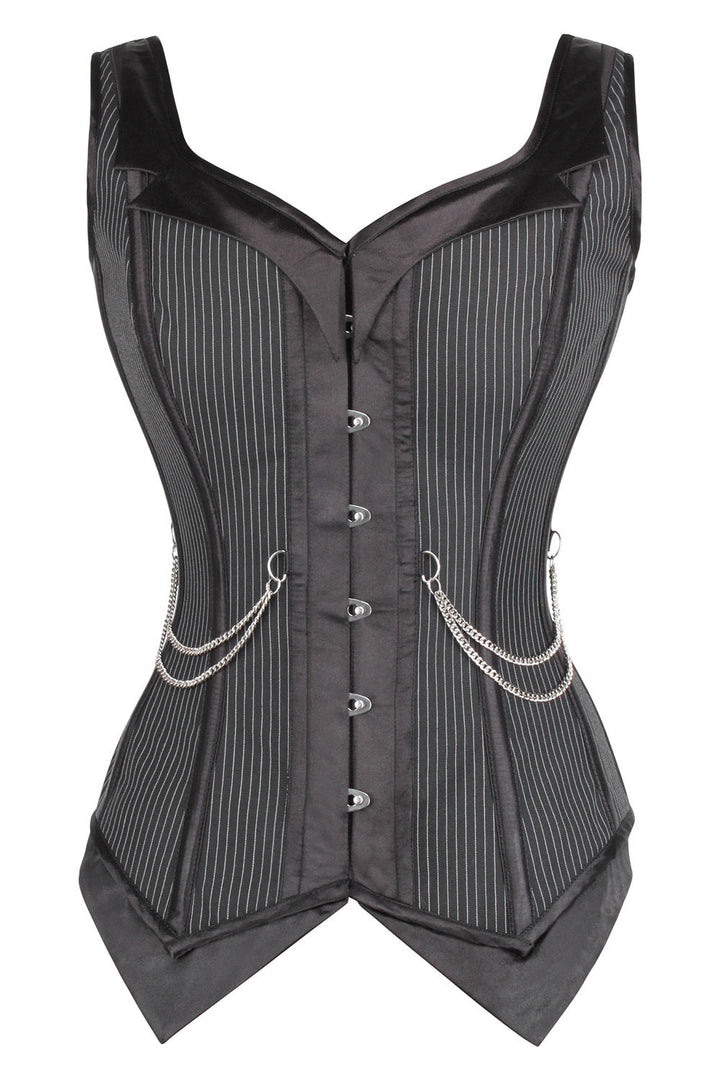 Black Pinstripe Laquisha Overbust Corset with Chain Detail