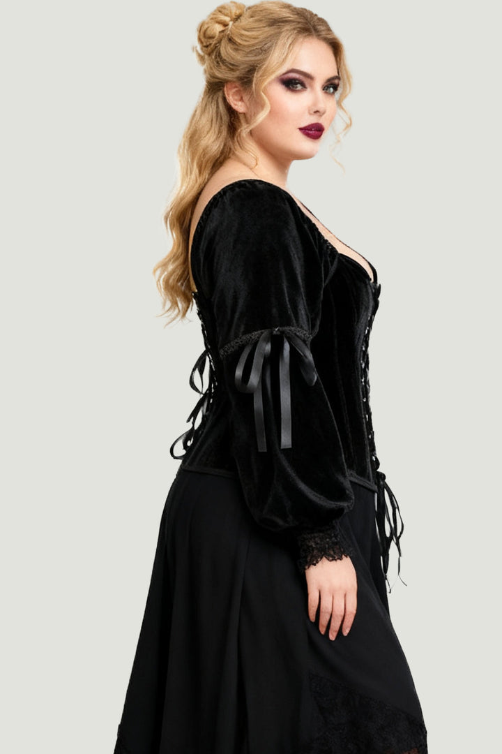 Midnight Black Velvet Talona Overbust Corset with Renaissance Sleeves
