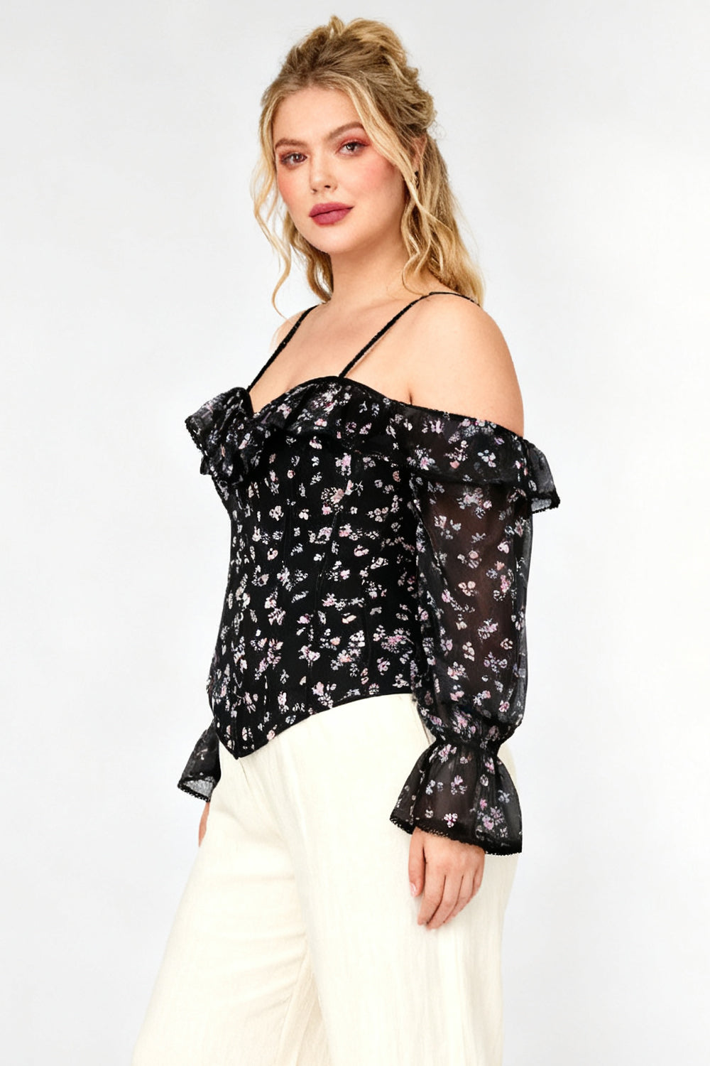 Black Floral Shadira Off-Shoulder Overbust Corset