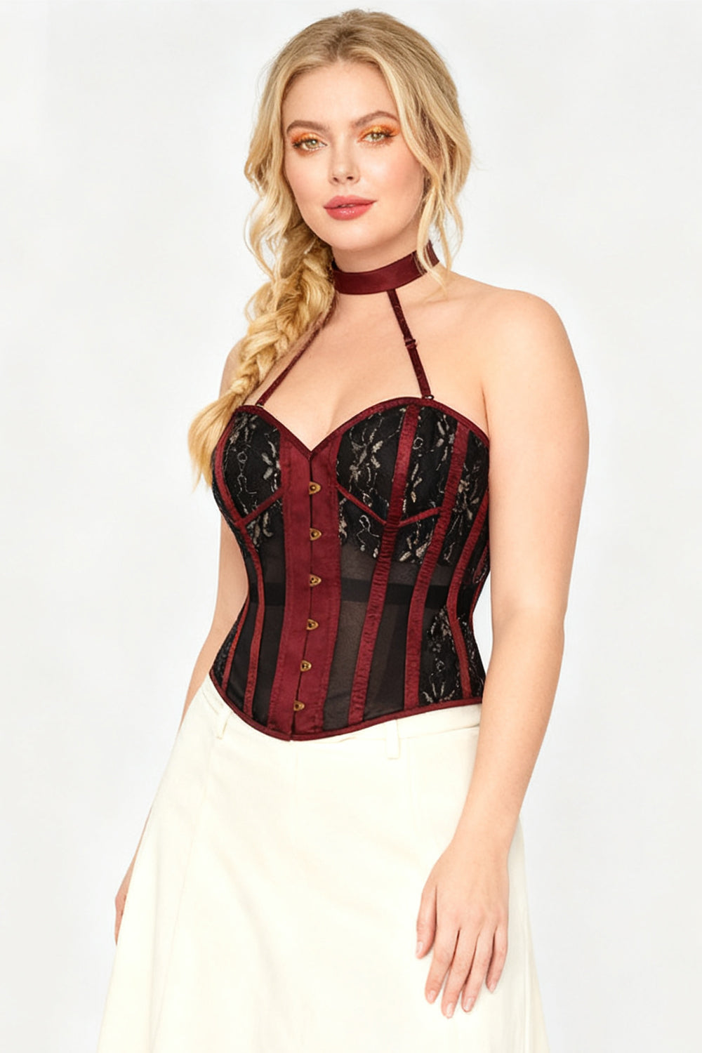 Burgundy Meade Overbust Corset with Halter Neck