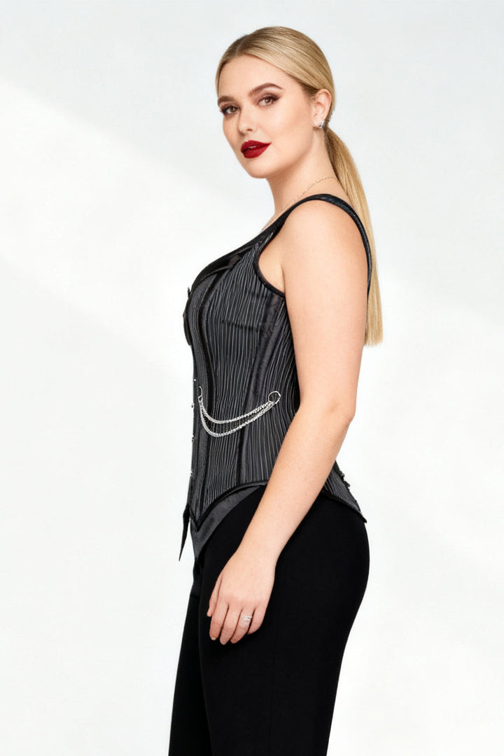 Black Pinstripe Laquisha Overbust Corset with Chain Detail