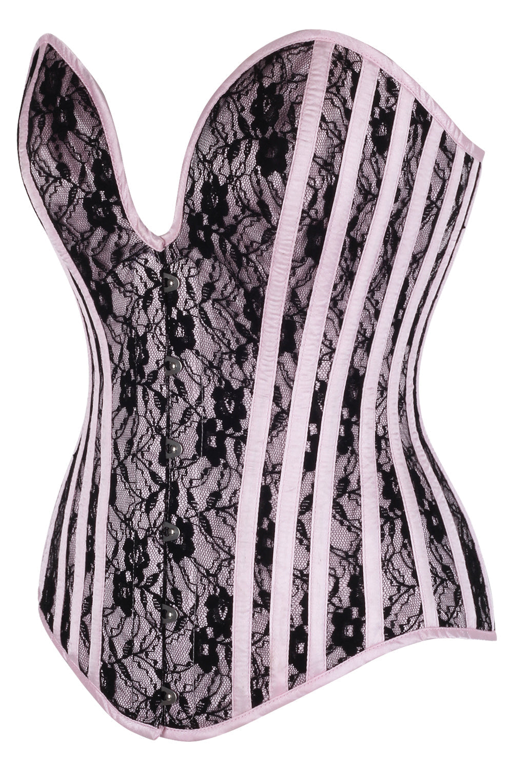 Pink Satin Black Lace Hiroko Overbust Corset