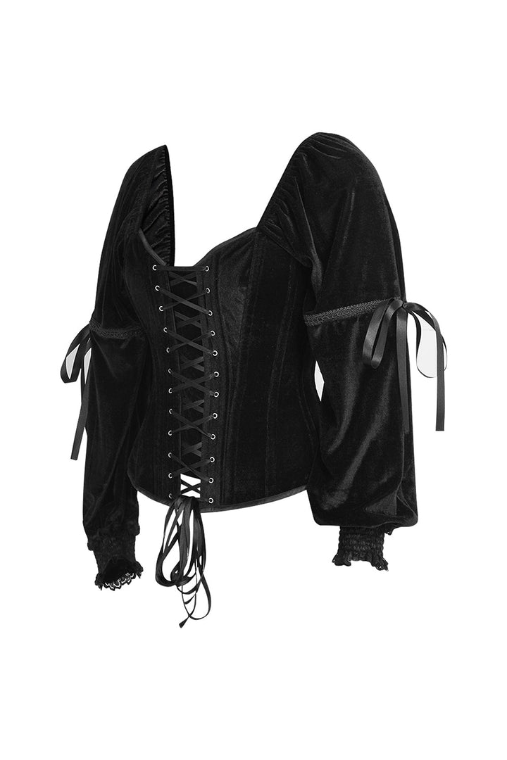 Midnight Black Velvet Talona Overbust Corset with Renaissance Sleeves