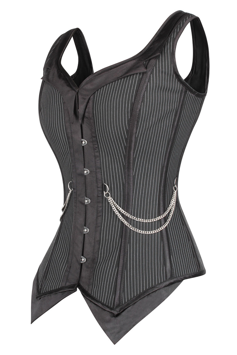 Black Pinstripe Laquisha Overbust Corset with Chain Detail