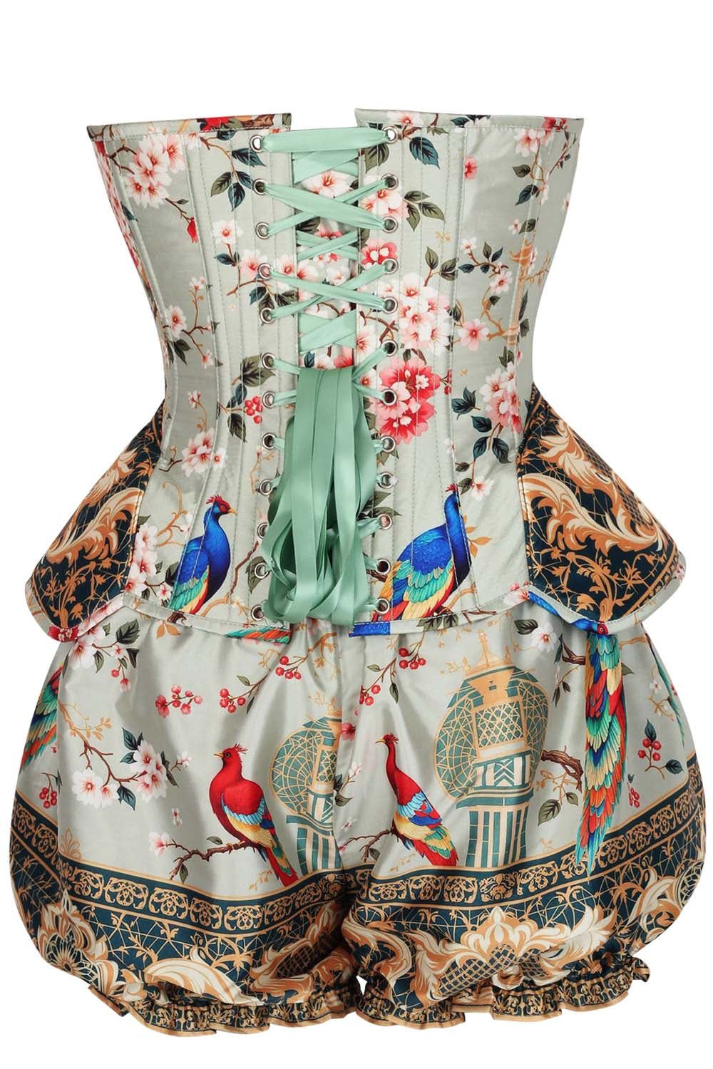 Mint Sage Jessia Printed Steel Boned Corset &amp; Bloomer Set