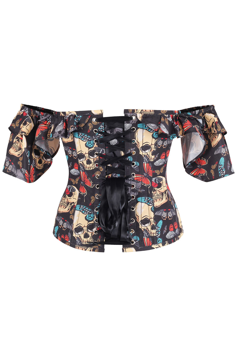 Dawnn Black Skulls &amp; Butterflies Off Shoulder Overbust Corset
